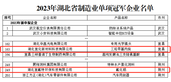 宜化新材料、宜氟特環(huán)保公司獲評2023年湖北省制造業(yè)單項冠軍企業(yè)(圖1)